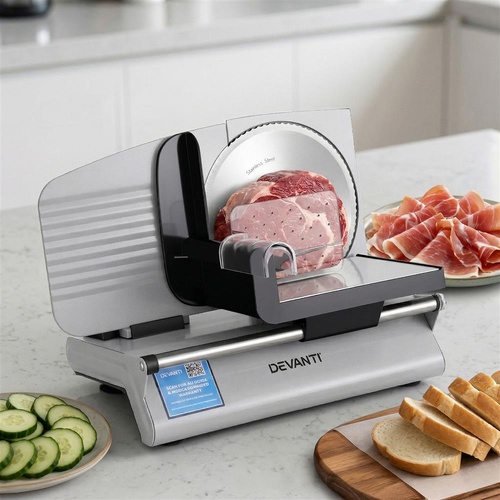 Devanti Meat Slicer Bread Vegetable, 200W Power 0-15mm Adjustable Easy Clean Stable Stainless Steel Blade Food Slicer for Kitchen Commercial, Silver