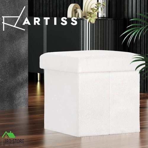 Artiss Square Foot Stool Teddy Fabric Storage Ottoman Footrest Padded Seat White