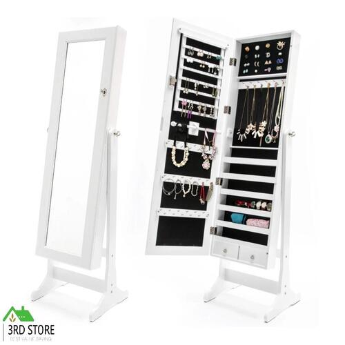 Mirror Jewellery Cabinet Storage Organiser Box Makeup Wooden Full Length WHITE