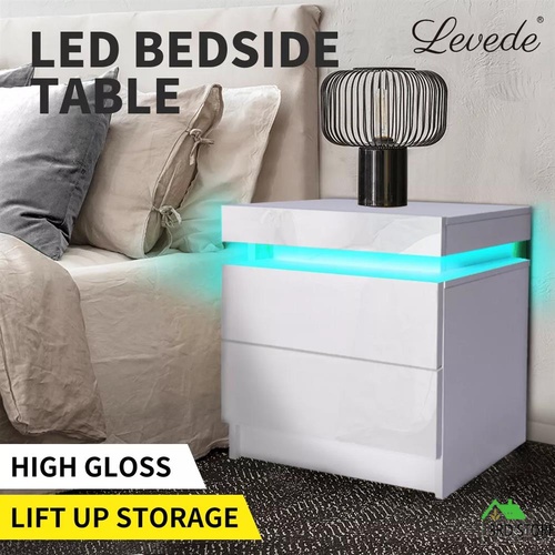 Levede Bedside Tables Side Table 2 Drawers RGB LED High Gloss Nightstand Cabinet