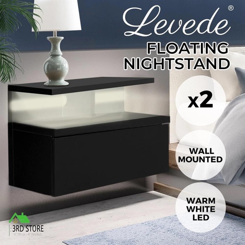 Levede Bedside Tables LED Side Table Storage Drawer Floating Nightstand Black X2