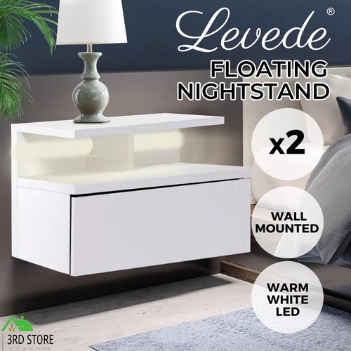 RETURNs Levede Bedside Tables LED Wall Mounted Cabinet Side Table Floating Nightstand X2