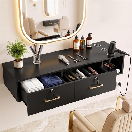 Artiss Wall Mounted Salon Station Cabinet, Hair Styling Station with 2 Lockable Drawers & 3 Appliance Holders, Wooden Barber Spa Equipment for Vanity,