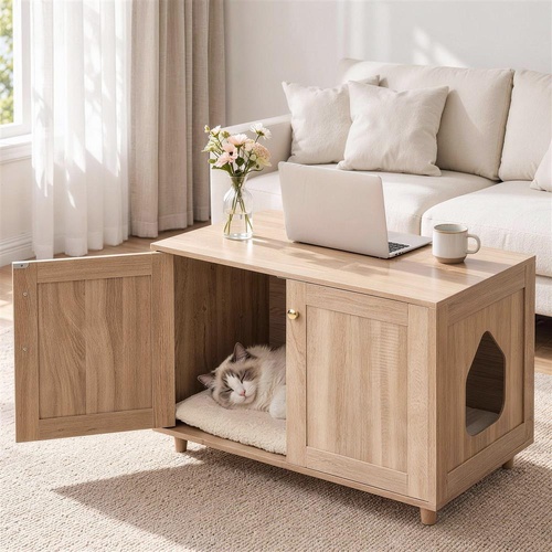 Artiss 2-In-1 Coffee Table Pet Cat House Wooden Side Table Storage Cabinet 80x50x55CM