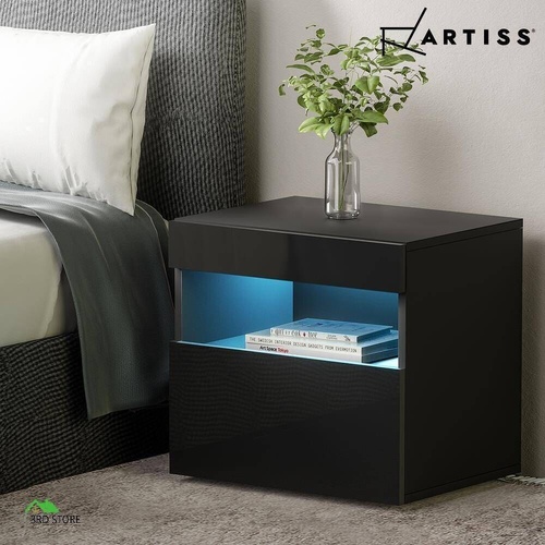 Artiss Bedside Tables Drawers Side Table RGB LED High Gloss Nightstand Black