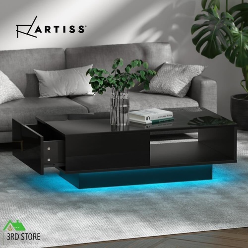 Artiss Coffee Table LED Lights High Gloss Storage Drawer Modern Furniture Black
