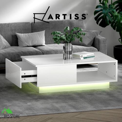 Artiss Coffee Table LED Lights High Gloss Storage Drawer Modern Furniture White