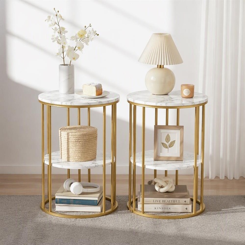Artiss Side Table Set of 2 Marble Effect Round Coffee Table 2 Tier End Bedside Table Nightstand White&Gold