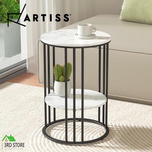 Artiss Coffee Table 2-Tier Storage Side Table Bedside Marble Effect Round White