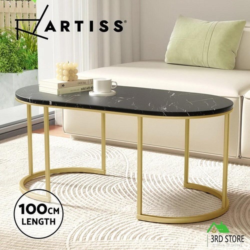 Artiss Coffee Table Marble Effect Top Black Wooden Oval Metal Base