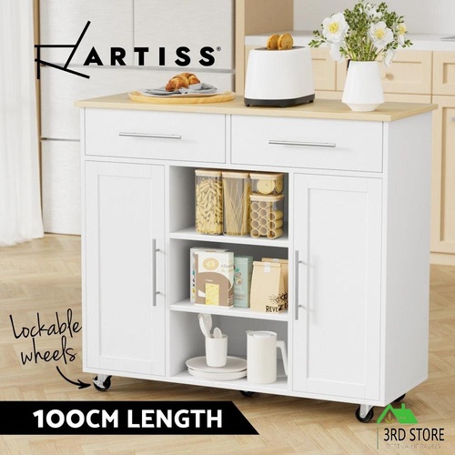 Artiss Kitchen Island Trolley Rolling Serving Cart Storage Drawer Cabinet 100cm White