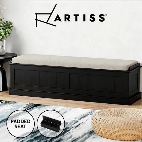 Artiss Storage Ottoman Blanket Box Bench 140cm Fluted Faux Linen Seat Black