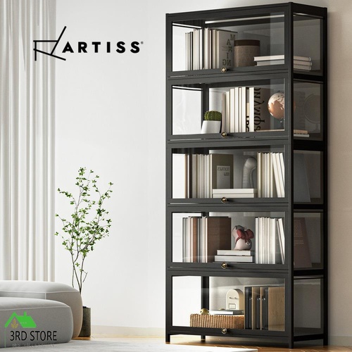 Artiss 5-Tier Display Cabinet Storage Bookshelf Clear Shelf Black