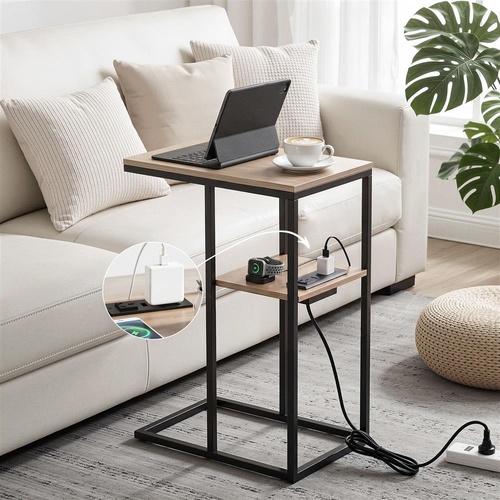 Artiss C-Shaped End Table Charging Station 2-Tier Side Coffee Table Bedside Wood