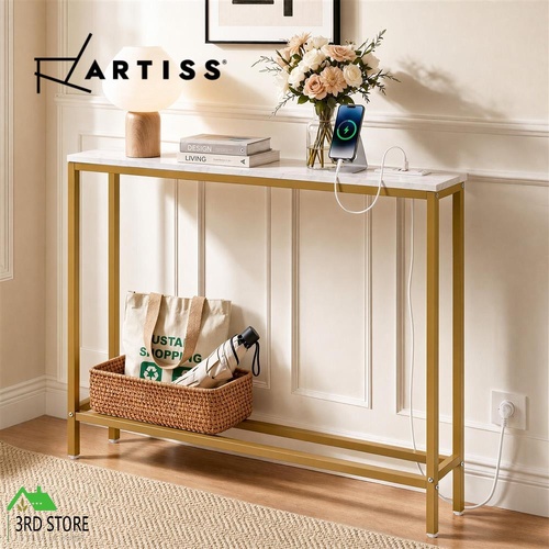 Artiss Console Table Entryway Hallway Charging Station Marble Finish White&Gold