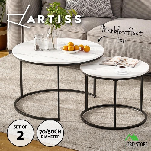 Artiss Nesting Coffee Tables Side Table Set of 2 Marble-effect Top 70/50CM White
