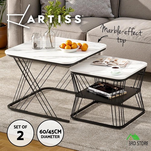 Artiss Nesting Coffee Tables Side Table Set of 2 Marble-effect Top 60/45CM White