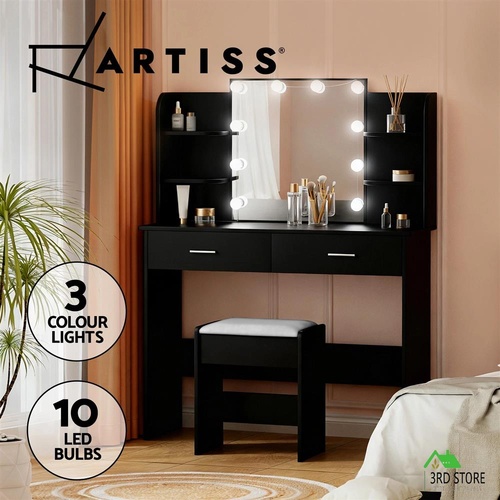 Artiss Dressing Table LED Makeup Mirror Stool Set 10 Bulbs Vanity Desk Black