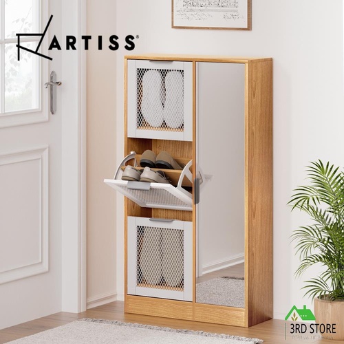 Artiss Shoe Rack Storage Cabinet Organiser Mirror Shelf White