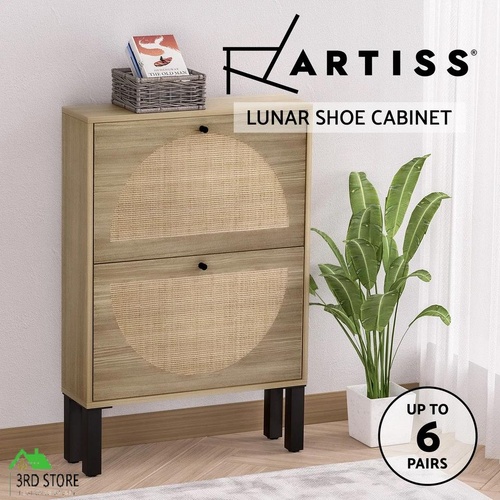 Artiss Shoe Rack Storage Cabinet Organiser 2 Drawers Cupboard Rattan 6 Pairs