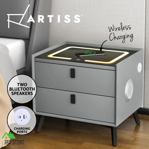 Artiss Smart Bedside Table 2 Drawers with Wireless Charging Ports LED Grey AIKA