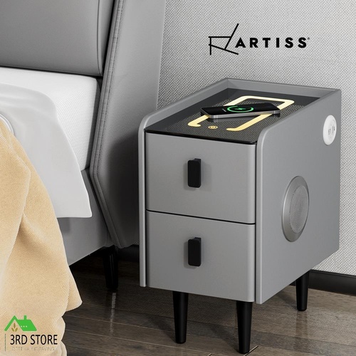 RETURNs Artiss Smart Bedside Table 2 Drawers with Wireless Charging LED Lights Grey