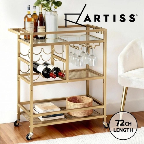 Artiss Bar Cart Drinks Trolley Serving Wine Rack Glass Holder 3 Hooks 72cm Gold