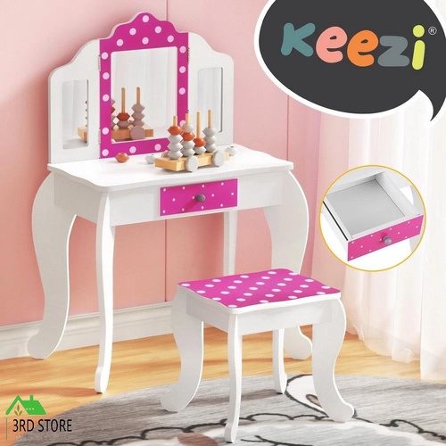 Keezi Kids Dressing Table Vanity Makeup Chair Set Wooden 3 Mirror Drawer Pink