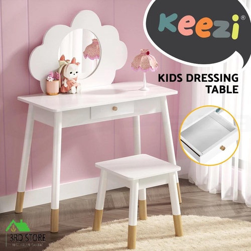 Keezi Kids Vanity Makeup Dressing Table Chair Set Wooden Mirror Drawer White
