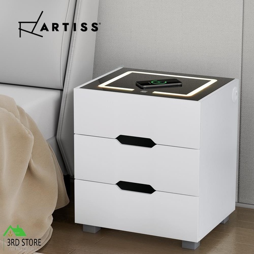 Artiss Smart Bedside Table 3 Drawers with Wireless Charging Ports LED White ADAD