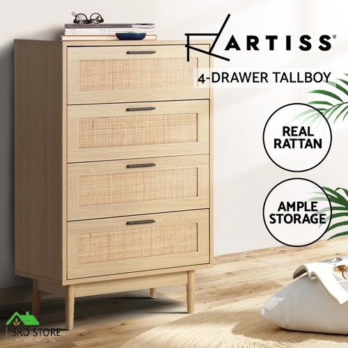 Artiss 4 Chest of Drawers Rattan Tallboy Cabinet Bedroom Clothes Storage Wood