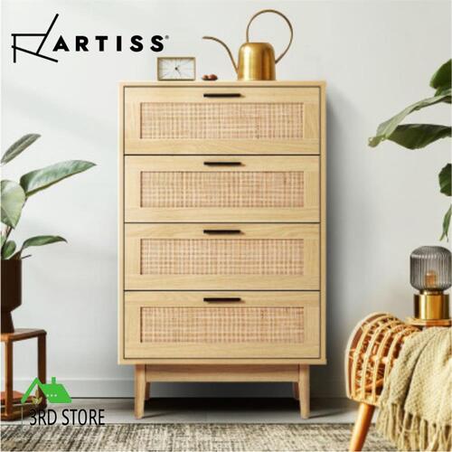 Artiss 4 Chest of Drawers Rattan Tallboy Cabinet Bedroom Clothes Storage Wood