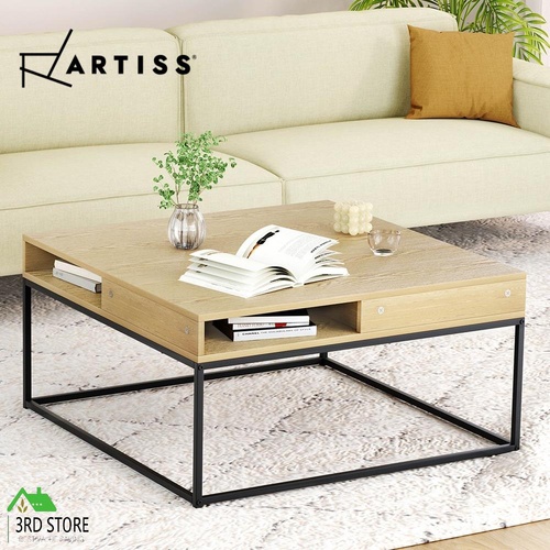 Artiss Coffee Table Wooden Storage Table Open Shelf Metal Frame Pine Living Room