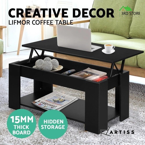Artiss Lift Up Top Coffee Table Modern Tables Hidden Book Storage Shelf Black