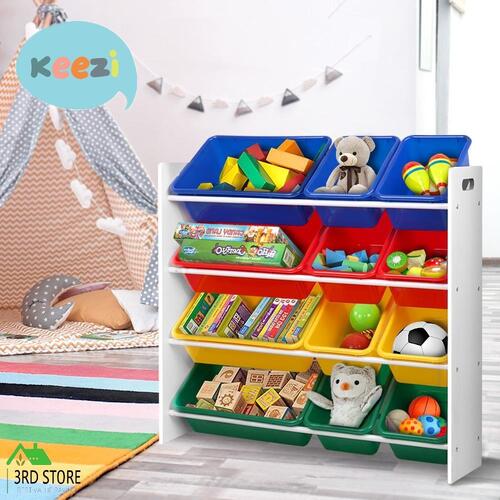 Keezi 12 Plastic Bins Kids Toy Organiser Box Bookshelf Storage Rack Cabinet