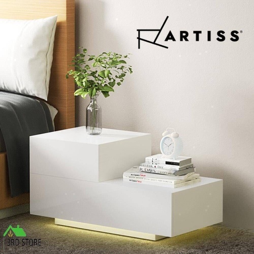 Artiss Bedside Tables 2 Drawers Side Table RGB LED High Gloss Nightstand White