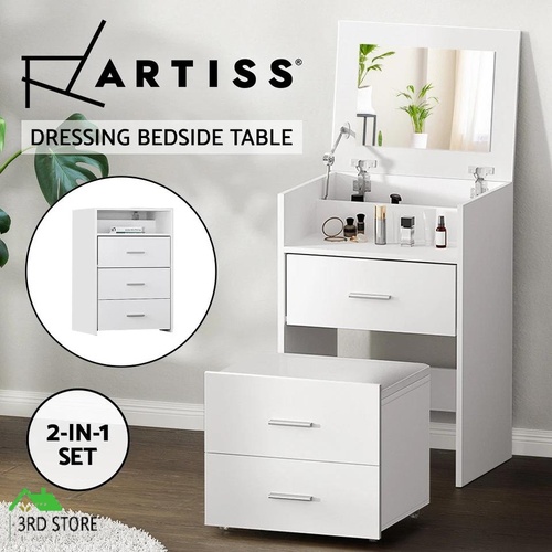 Artiss Dressing Table Bedside Tables 2-in-1 Set Hidden Makeup Mirror Drawers