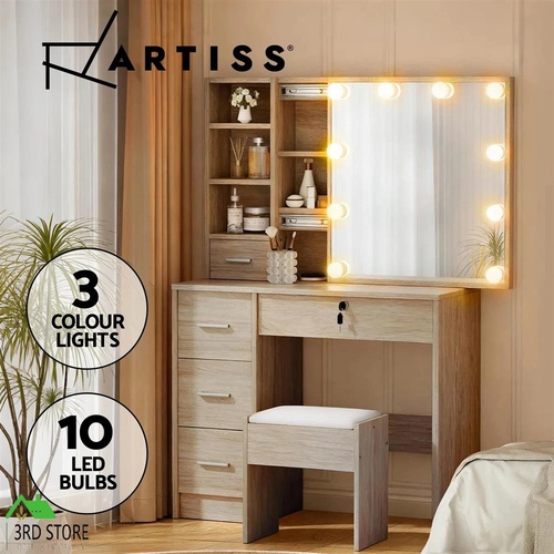 Artiss Dressing Table Set Stool 10 Led Bulbs Wood