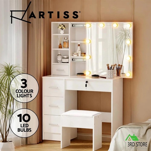 Artiss Dressing Table Set Stool 10 Led Bulbs White Dylan
