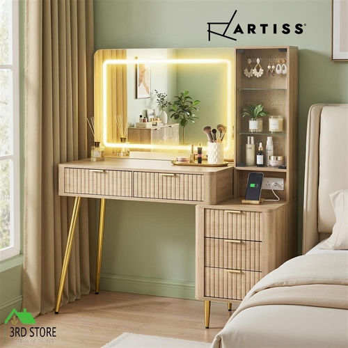 Artiss Dressing Table LED Mirror Vanity Desk Charging Station Fluted Drawer Wood