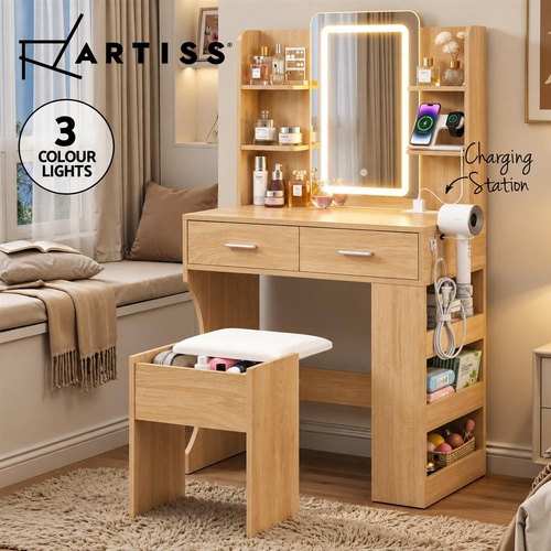 Artiss Dressing Table LED Vanity Desk Set Stool Charging Station Mirror Wood
