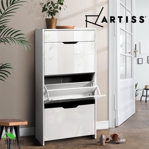 Artiss Shoe Cabinet 3 Tier Shoes Storage Drawer High Gloss White Rack Shelf