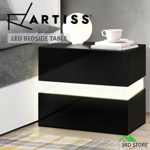 Artiss Bedside Tables Drawers RGB LED Side Table Black Gloss Nightstand Cabinet