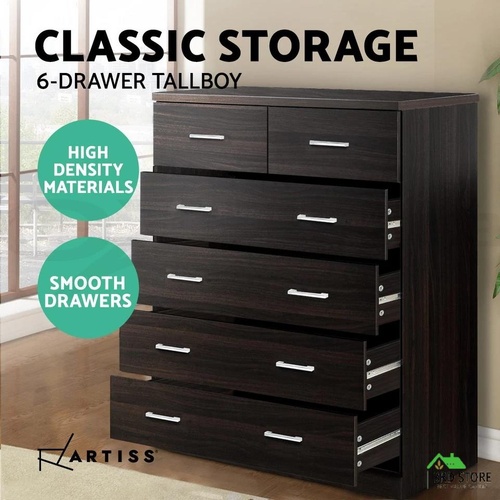 Artiss Tallboy 6 Chest of Drawers Dresser Table Storage Cabinet Bedroom Walnut