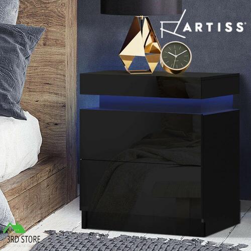 Artiss Bedside Tables Side Table Drawers RGB LED High Gloss Nightstand Black