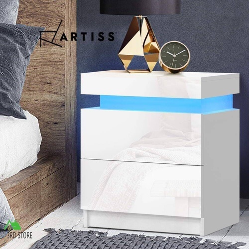 Artiss Bedside Tables Side Table Drawers RGB LED High Gloss Nightstand White