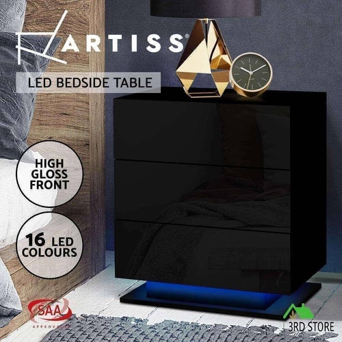 Artiss Bedside Tables Side Table RGB LED Lamp 3 Drawers Nightstand Gloss Black