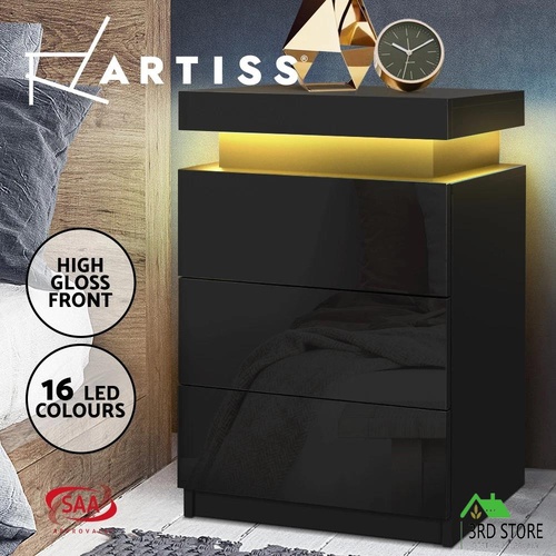 Artiss Bedside Tables Side Table 3 Drawers RGB LED High Gloss Nightstand Black