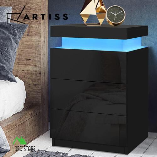 Artiss Bedside Tables Side Table 3 Drawers RGB LED High Gloss Nightstand Black