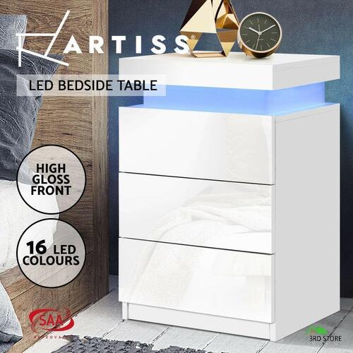 Artiss Bedside Tables Side Table 3 Drawers RGB LED High Gloss Nightstand White